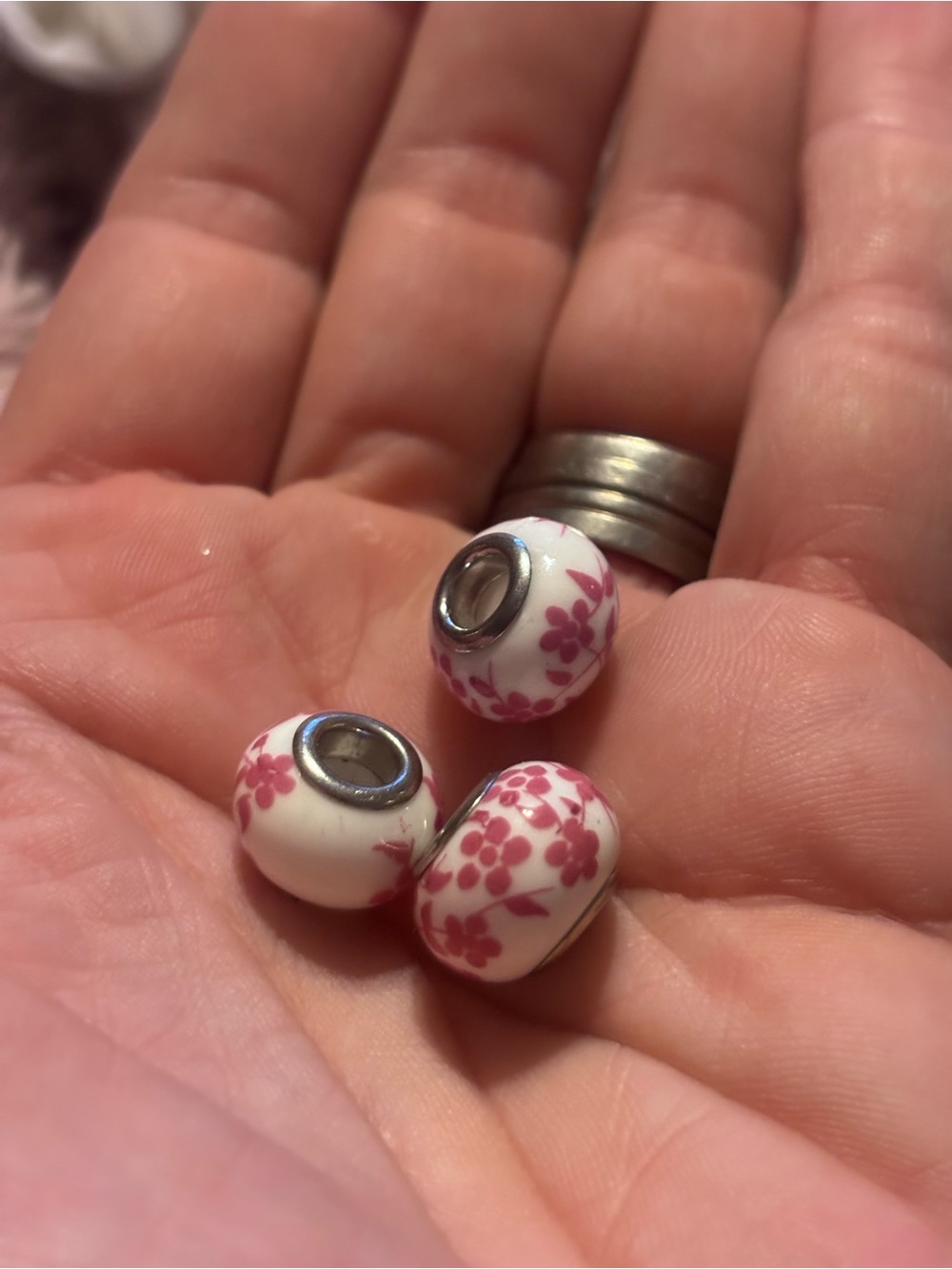 3 White Ceramic Bead Charms with Pink Floral Print - Women’s Bracelet Accent